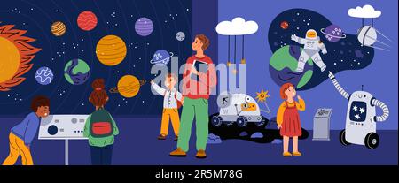 Planetarium excursion. Visitors of space museum listen to guide. Solar system and astronomical objects. Children looks through telescope. Exhibition Stock Vector