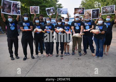 Kolkata, India. 04th June, 2023. Animal rights activists hold dead animals as they stage a memorial ceremony to commemorate animals which lost their lives this past year by humans. (Photo by Dipayan Bose/SOPA Images/Sipa USA) Credit: Sipa USA/Alamy Live News Stock Photo