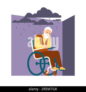 Sad lonely elderly man sitting in wheelchair. Alone grandfather. Depressed male with rain clouds. Loneliness and sadness. Pensive pensioner. Unhappy Stock Vector
