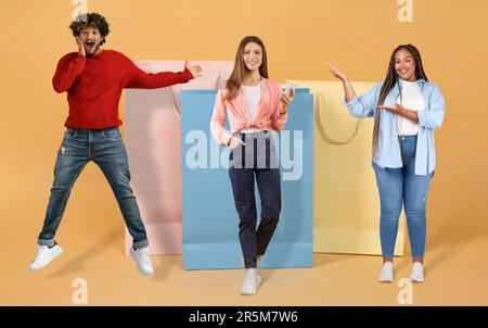 Emotional multiethnic young people enjoying season sale, collage Stock Photo
