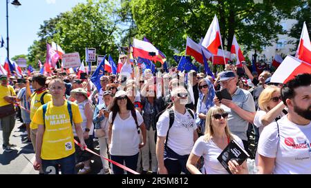 Warsaw, Poland. 4 June 2023.  Poland opposition stages major anti-government protest. Hundreds of thousands march in Poland anti-government protests Stock Photo