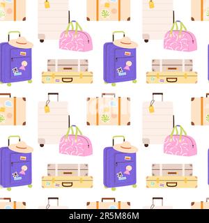 Cartoon flat suitcases. Luggage bags seamless pattern, decorative vacation elements print. Travel and moving, fashion racy vector background Stock Vector