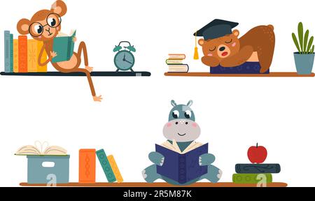 Bookshelves and reading animals with books piles. Hippo and monkey read, cute bear sleep on book. Study, library and education vector set Stock Vector
