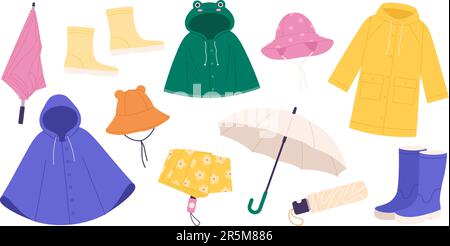 Vetor de Girl seasonal spring, fall clothes collection. Raincoat, pants,  shirt, rubber boots, hat, scarf, gloves, tights. Kids outfits vector doodle  illustration set isolated on white background. do Stock