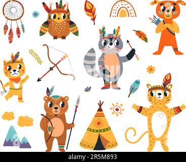 Boho tribal cartoon animal. Woodland animals, native americans decoration elements. Cute tribe children characters, classy vector clipart Stock Vector