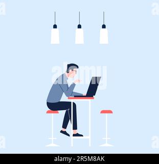 Man working with laptop, program development male character. Programmist, geek boy work on computer. IT worker, surfing internet vector scene Stock Vector