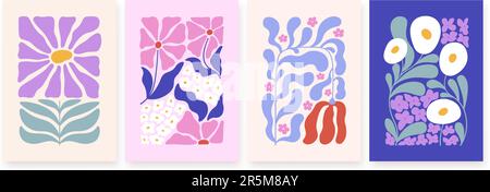 Contemporary doodle flowers wall posters. Floral abstract covers, decorative plants and flower cards. Racy matisse inspired vector graphic design Stock Vector