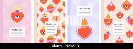 Notebooks cover design, mexican hearts sacred elements. Red heart with wings, fire and flowers. Decorative racy graphic templates vector set Stock Vector
