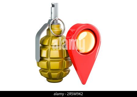 Hand grenade with map pointer, 3D rendering isolated on white ...