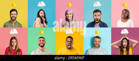 Portraits Of Multiethnic People With Different Weather Emojis Above Head Stock Photo