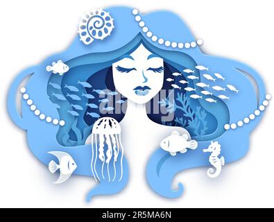 Mermaid paper portrait. Beautiful woman face with wave mermaids hair, underwater sea princess girl papercut 3d art model for beauty postcards design ingenious vector illustration Stock Vector