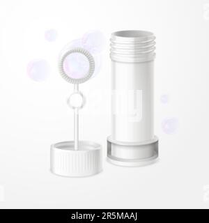 Bubble wand. Soap bubbles blower 3d realistic mockup, bottle for blowing fun foam sphere preschool children fun toy water shampoo balls maker, vector illustration of blower soap, blowing bubble Stock Vector