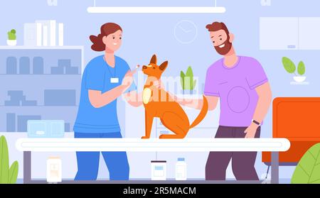 Veterinarian examining dog. Vet surgeon doctor pet health checkup on surgery table veterinary clinic, sick animal care hospital ill puppy medical help, vector illustration of doctor veterinarian Stock Vector