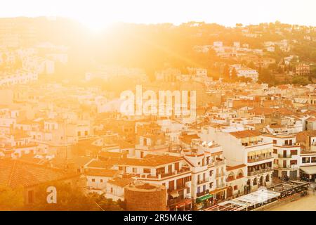 Sunset over Tossa de Mar town, Costa Brava, Catalonia, Spain Stock