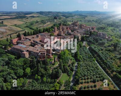 extended aerial view of the medieval town of Certaldo in Tuscany Stock Photo