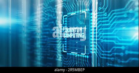 Quantum computing concept. The inscription on 3d Electronic Circuit Board Chip. Stock Photo