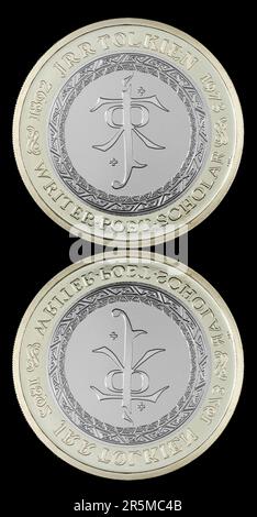 2023 £2 coin to commemorate the life and work of JRR Tolkien. Designed by artist David Lawrence Stock Photo