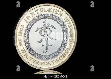 2023 £2 coin to commemorate the life and work of JRR Tolkien. Designed by artist David Lawrence Stock Photo