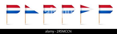 Realistic various Dutch toothpick flags. Souvenir from Netherlands. Wooden toothpicks with paper flag. Location mark, map pointer. Blank mockup for Stock Vector