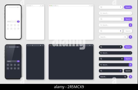 Smartphone, blank internet browser window with various search bars. Web site engine with search box, address bar and text field. UI design, website Stock Vector