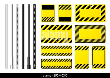 Warning, danger signs, attention banners with metal poles. Blank yellow caution sign, construction site signage. Notice signboard, warning banner Stock Vector