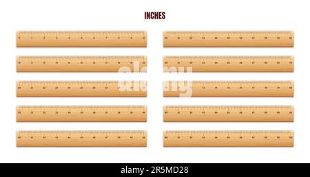 Realistic various wooden rulers with measurement scale and divisions, measure marks. School ruler, centimeter and inch scale for length measuring Stock Vector
