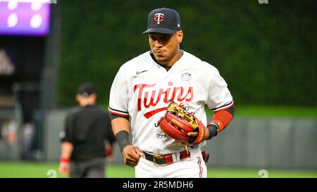 Texas Rangers Leody Taveras steals second base against the Minnesota Twins  during the fifth inning of a baseball game, Saturday, Aug. 26, 2023, in  Minneapolis. (AP Photo/Craig Lassig Stock Photo - Alamy