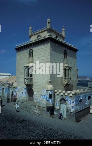 the Torre de Belem tower in the City Mindelo on the Island of Sao Pedro on the Cape Verde Islands in Africa.  Cape Verde, Santiago, May, 2000 Stock Photo