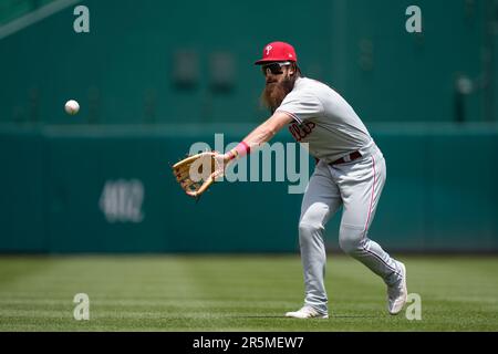 Philadelphia Phillies' Brandon Marsh shakes his head after pouring water on  it before a baseball game against the Miami Marlins, Thursday, Sept. 15,  2022, in Miami. (AP Photo/Lynne Sladky Stock Photo - Alamy