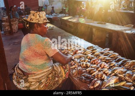 Toliara, Madagascar - May 01, 2019: Unknown Malagasy woman selling fresh fishes on local market, more sun lit stalls in background Stock Photo