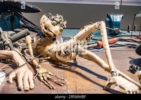 Robotics and animatronics on display on a bench used to bring a character from the Harry Potter films to life on display at The Harry Potter Tour, UK Stock Photo