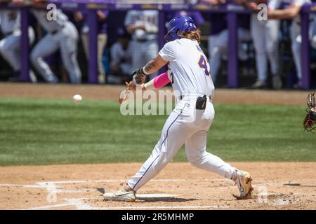 Baton Rouge, LA, USA. 4th June, 2023. LSU's Tommy White (47) connects for a base hit during NCAA Baseball Regional action between the Oregon State Beavers and the LSU Tigers at Alex Box Stadium, Skip Bertman Field in Baton Rouge, LA. Jonathan Mailhes/CSM/Alamy Live News Stock Photo