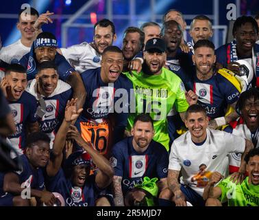 PARIS, FRANCE - JUNE 3: PSG players, Kylian Mbappe, Neymar, Sergio Ramos, Lionel Messi, Marco Verratti celebrate during the Ligue 1 match between Pari Stock Photo