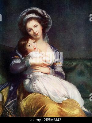 The early 1900s caption reads: 'Madame Vigee Le Brun and Child. Vigee Le brun painted another portrait of herself and her little girl-child; and she painted both, fortunately for her fame, when her skill was its increase. They stand out with all their limitations, pure and exquisite as the Madonna and Child of Italy’s finest achievement; for they were painted by a woman of genius with the passionate love of a child that is the wondrous heritage of woman - none the less religious in that it apes no show of religion.' Elisabeth Louise Vigee Le Brun (1755-1842), also known as Madame Le Brun, was Stock Photo