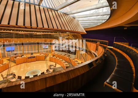 A general view inside the Senedd, home of the Welsh Parliament, in Cardiff Bay in Cardiff, Wales, United Kingdom. Stock Photo