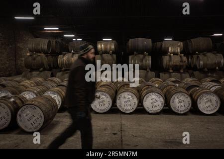 Bruichladdich malt whisky casks bonded warehouse at Bruichladdich Distillery on island of Islay in Inner Hebrides of Scotland, UK Stock Photo