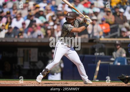 San Diego Padres' Alfonso Rivas bats during the second inning of a spring  training baseball game against the Texas Rangers Wednesday, March 1, 2023,  in Peoria, Ariz. (AP Photo/Charlie Riedel Stock Photo 