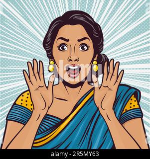 Vector Banner with Indian Woman, Wow Face, Holding Hands, Arms, Palms Near Her Cheeks in Pop Art Comic Style. Advertising Poster for Sale, Discount Stock Vector