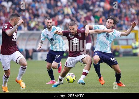 Torino, Italy. 3rd June, 2023. Italy, Turin, june 3 2023: Nikola Vlasic (Torino striker) fights for the ball in the first half during soccer game Torino FC vs FC Inter, Serie A Tim 2022-2023 day38 Turin stadio Olimpico (Credit Image: © Fabrizio Andrea Bertani/Pacific Press via ZUMA Press Wire) EDITORIAL USAGE ONLY! Not for Commercial USAGE! Stock Photo