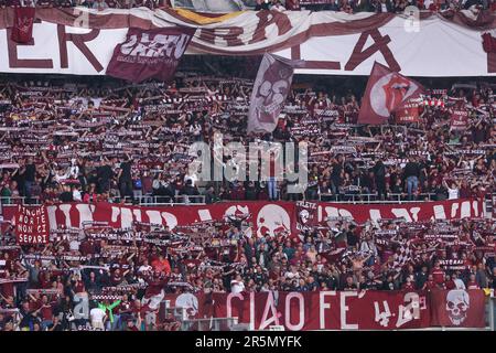 Torino, Italy. 3rd June, 2023. Italy, Turin, june 3 2023: supporters of Torino FC wave the flags and show banners in the stands during soccer game Torino FC vs FC Inter, Serie A Tim 2022-2023 day38 Turin stadio Olimpico (Credit Image: © Fabrizio Andrea Bertani/Pacific Press via ZUMA Press Wire) EDITORIAL USAGE ONLY! Not for Commercial USAGE! Stock Photo