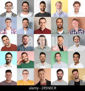 Collage with portraits of happy men on different color backgrounds ...
