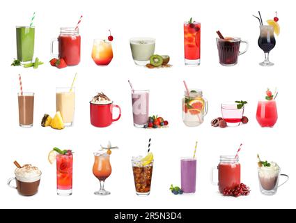 Set with different delicious beverages on white background Stock Photo