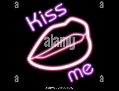 Glowing neon sign with lips and words Kiss Me on black background Stock Photo