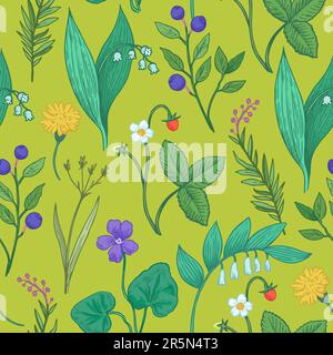 Seamless pattern with wild forest plants, flowers and berries. Stylized doodle drawing of herbs. Hand drawn colorful illustration Stock Vector