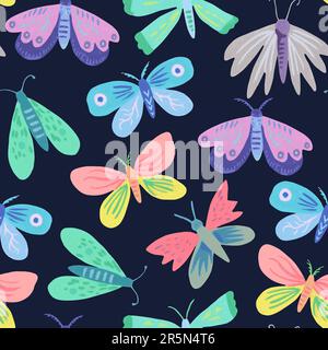 Seamless pattern with cute doodle simple butterflies and moths. Hand-drawn illustration for design. Stock Vector