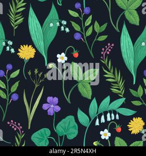 Seamless pattern with wild forest plants, flowers and berries. Stylized doodle drawing of herbs. Hand drawn colorful illustration Stock Vector