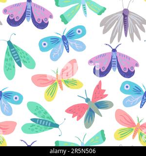 Seamless pattern with cute doodle simple butterflies and moths. Hand-drawn illustration for design. Stock Vector