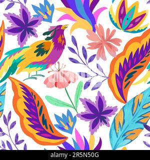 Colorful seamless pattern with fairytale ornamental motif. Fantasy bird and floral and plant organic shapes and elements. Trendy modern vector illustr Stock Vector