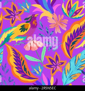 Colorful seamless pattern with fairytale ornamental motif. Fantasy bird and floral and plant organic shapes and elements. Trendy modern vector illustr Stock Vector