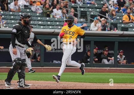 Salt Lake UT, USA. 6th June, 2023. Salt Lake left fielder Jordyn Adams (2)  makes a play during the game with Round Rock Express and Salt Lake Bees  held at Smiths Field